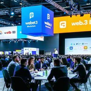 The image captures a bustling conference hall filled with attendees engaged in conversations and networking Bright banners displaying the logos of various Web3 and blockchain companies hang overhead In the foreground a diverse group of professionals-1